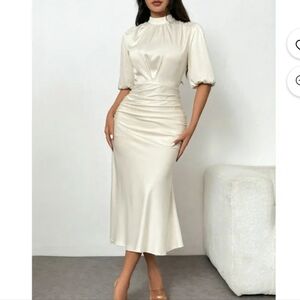 Retro Queen Whimsigoth Ruched Glam Elegant Cream Midi Dress Wedding Nwot L